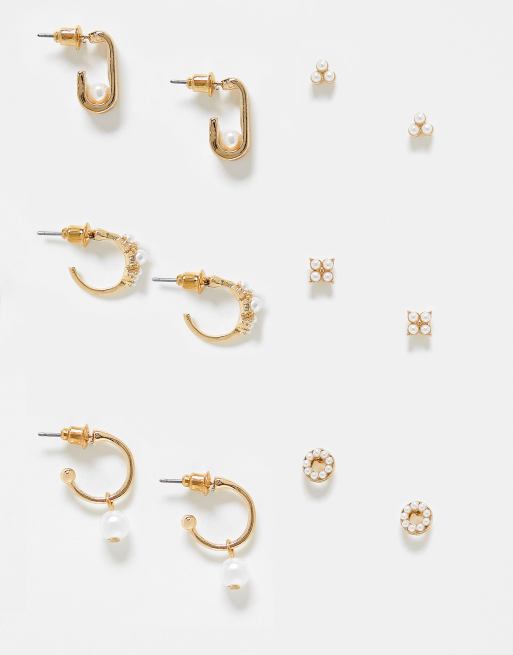 Pack de 6 pares de pendientes dorados con diseños de aro y de botón con perlas de Accessorize