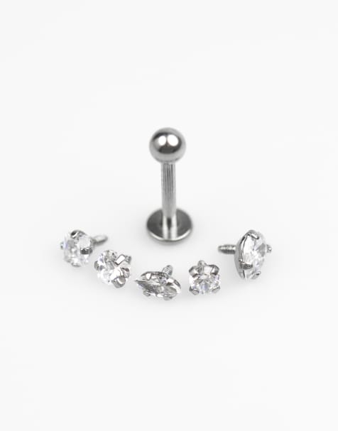 Pack de 6 pendientes plateados de acero quirúrgico con parte trasera plana y circonitas de Lovisa - view 1