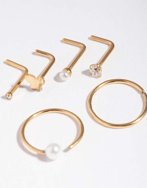 Pack de 6 piercings para la nariz dorados con diseño variados con perlas de Lovisa - view 1
