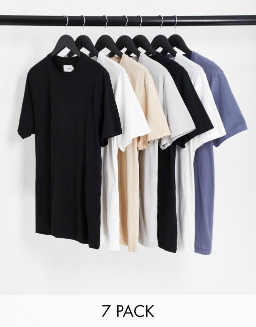 Pack de 7 camisetas de color negro, blanco, piedra y gris básicas de corte estándar de Topman