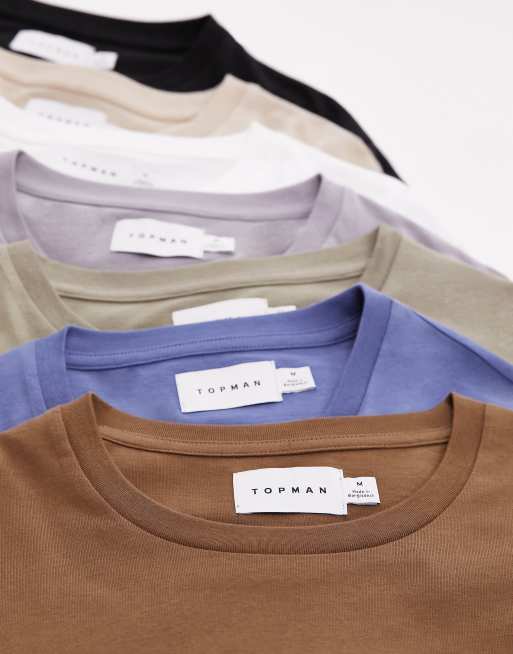 Pack de 7 camisetas de color negro, blanco, gris, color piedra, azul, marrón y caqui de corte clásico de Topman