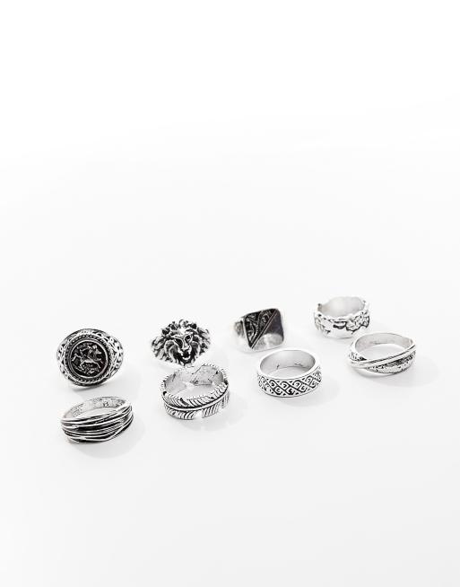 Pack de 8 anillos de banda y tipo sello de tono plateado pulido de ASOS DESIGN, 4 de 4