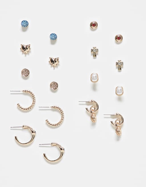 Pack de 9 pares de pendientes dorados y multicolores con diseño de aro y botón Valenica de River Island