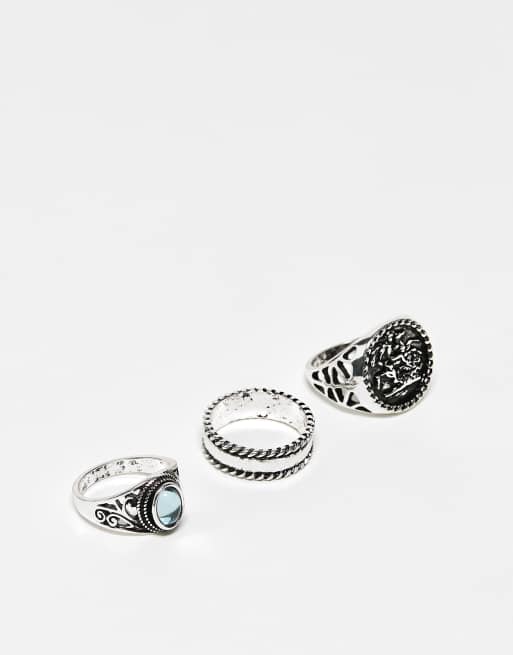Pack de anillos plateado pulido unisex con diseños de estilo grunge de Reclaimed Vintage