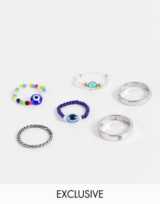 Pack de anillos unisex elásticos con diseños mixtos de cuentas y charm de ojo de Reclaimed Vintage Inspired