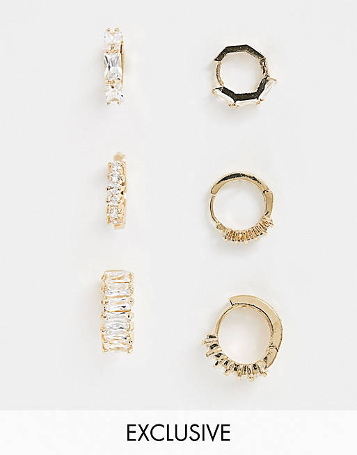 Pack de aros pequeños chapados en oro con detalle de cristales de Reclaimed Vintage Inspired