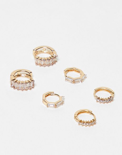 Pack de aros pequeños chapados en oro con detalle de cristales de Reclaimed Vintage Inspired