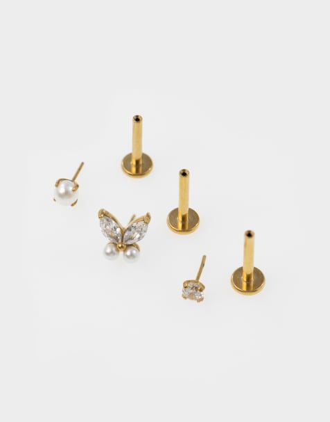 Pack de pendientes de botón dorados con perla y parte trasera plana de acero quirúrgico chapados en oro de Lovisa - view 1
