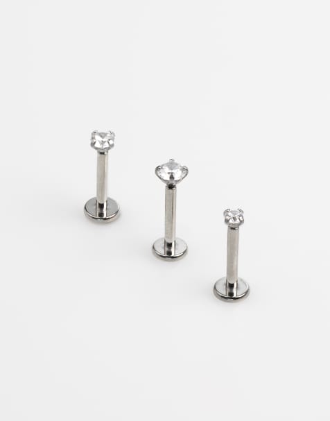 Pack de piercings plateados con parte trasera plana y detalle de circonita de acero quirúrgico de Lovisa - view 1