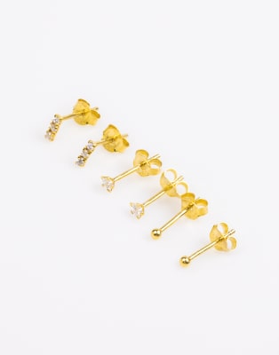 Pack de tres pares de pendientes dorados de plata de ley chapados en oro con diseño lineal y de estrella de cristales de Lovisa - view 1