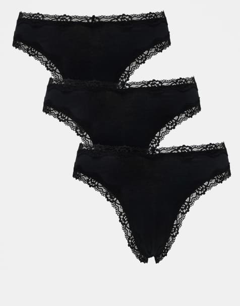 Pack de 3 tangas de talle alto en algodón con ribete de encaje en negro Malibu de ASOS DESIGN - view 1