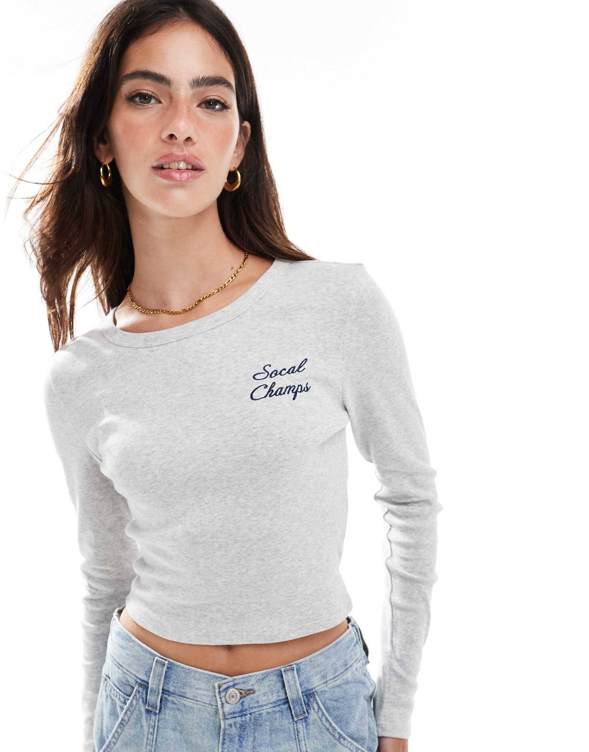 pacsun athletics raw edge long sleeve t-shirt in grey