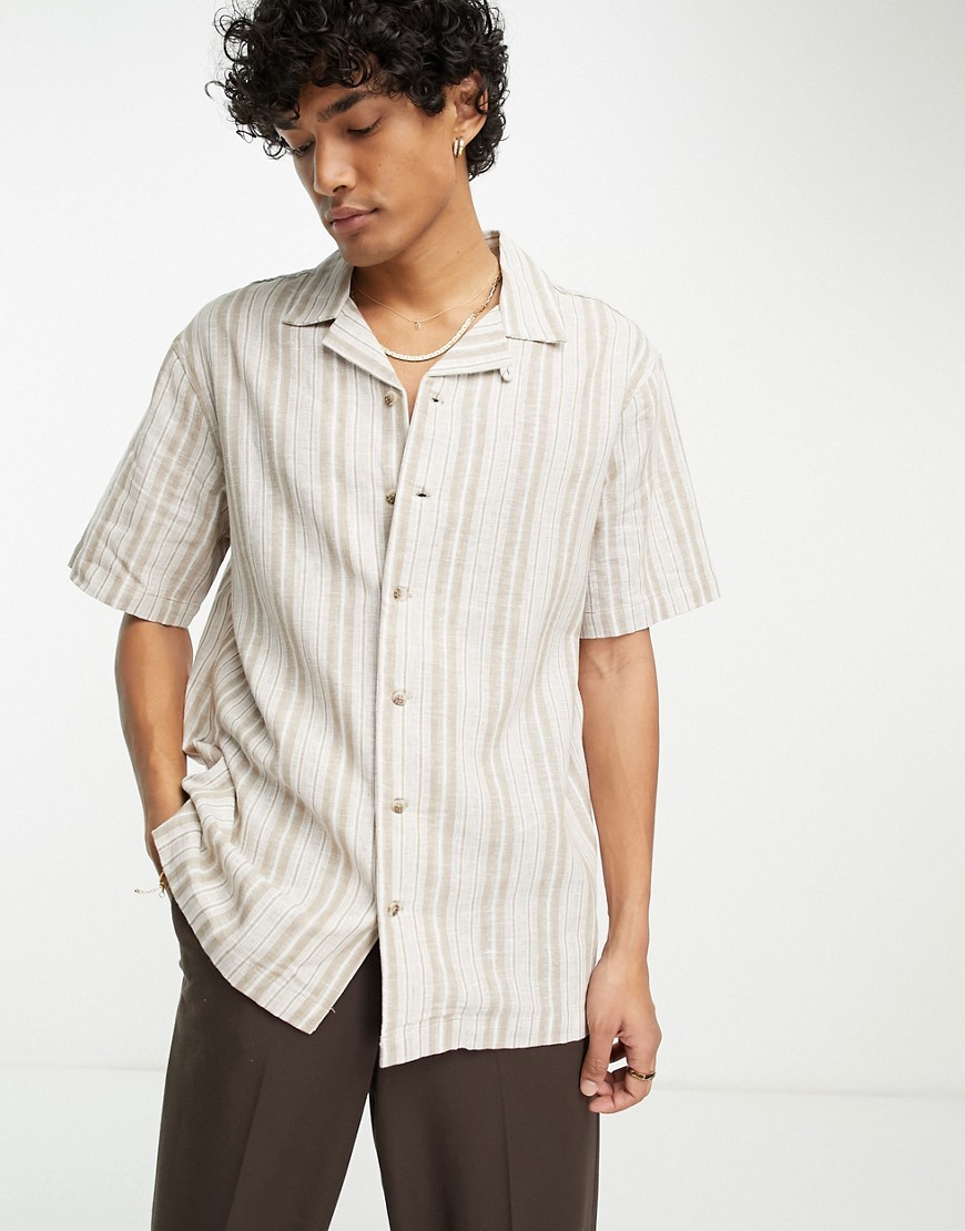 PacSun bodhi resort short sleeve linen shirt in tan and white stripe-Multi