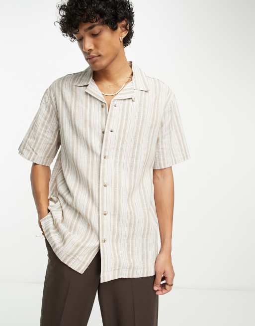 LINEN SHORT SLEEVE STRIPE BUTTON UP SHIRT