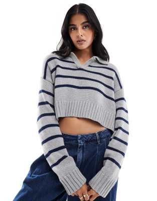 Pacsun Callie Stripe Collared Pullover In Gray