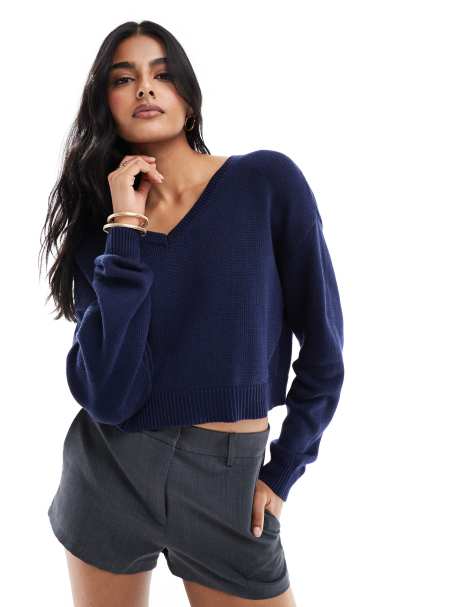 Pacsun cassandra v-neck cropped sweater in navy - view 1