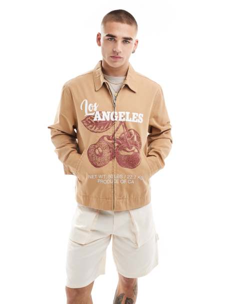 Pacsun cherry zip through jacket in tan - view 1