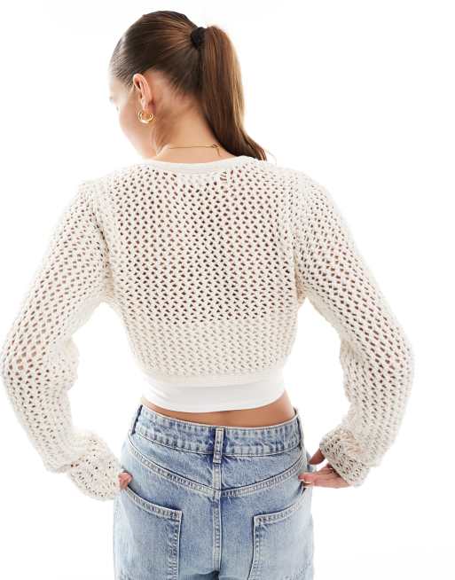 PacSun crochet tie front cardigan in white ASOS