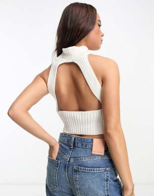 PACSUN - Crop top en maille à col montant - Blanc sable | ASOS