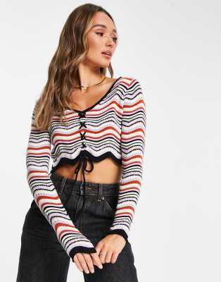 cropped knitted sweater in wavy stripe with drawstring bust-Multi