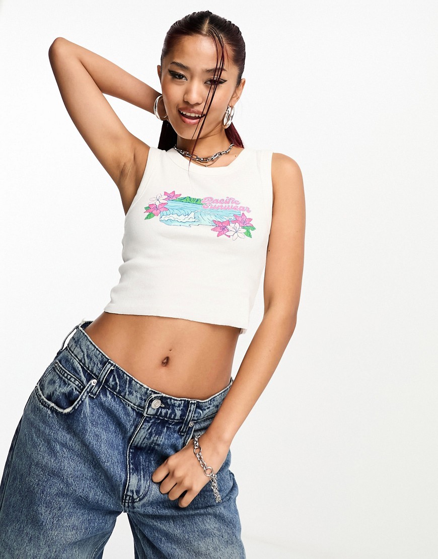 Shop Pacsun Cropped Tank Top In Rib With Surf Graphic-white