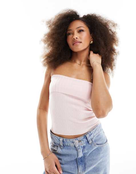 PacSun fold over tube top in pale pink - view 1