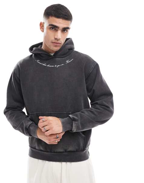 Pacsun forever embroidered script hoodie in washed black - view 1