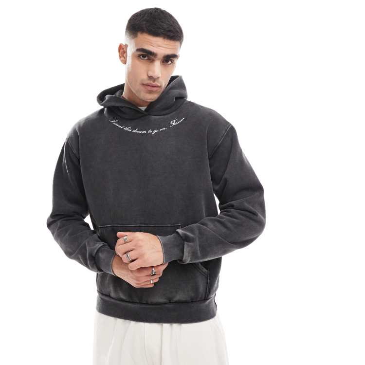 Pacsun forever embroidered script hoodie in washed black