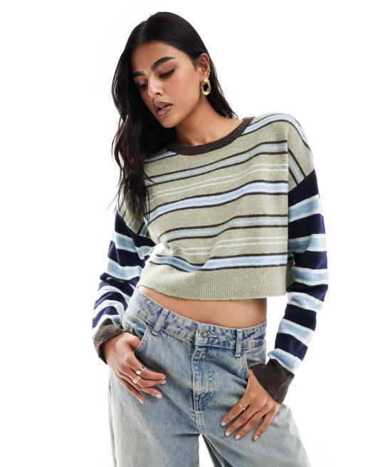 Pacsun Iris round neck stripe cropped sweater in multi