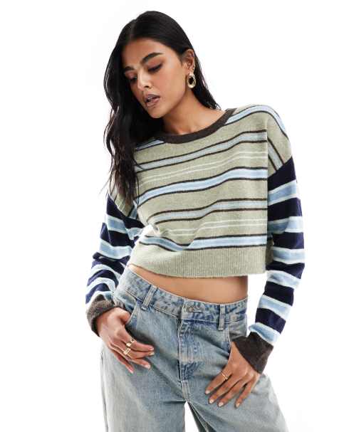 Pacsun Iris round neck striped cropped jumper in multi - view 1