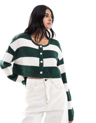 Pacsun Olive Boxy Cropped Striped Cardigan In Multi