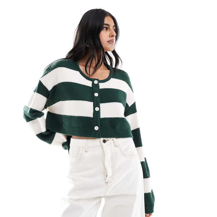 Pacsun Olive boxy cropped striped cardigan in off-white and