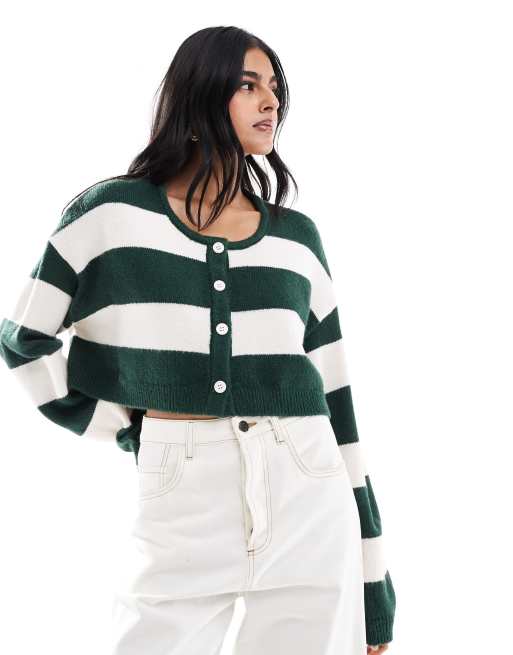 Pacsun olive boxy cropped striped cardigan in off-white and green