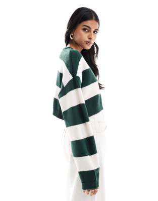 Pacsun Olive Boxy Cropped Striped Cardigan In Multi