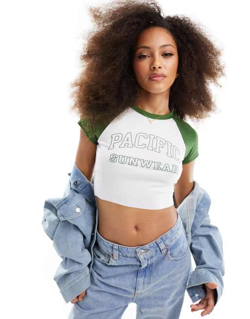 PacSun outline raglan cropped t-shirt in green and white