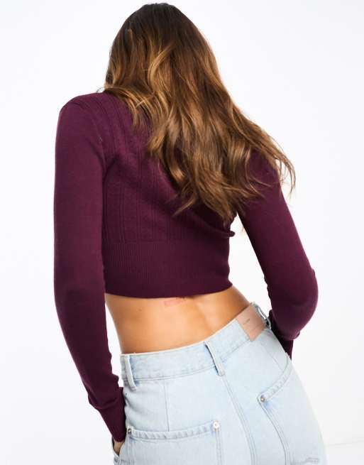 Pacsun pointelle long sleeve v-neck top in wine, 2 of 4