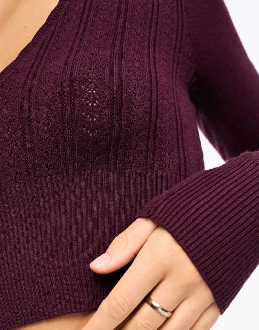 Pacsun pointelle long sleeve v-neck top in wine, 3 of 4
