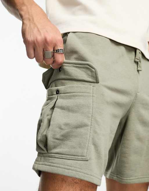 PacSun relaxed terry cargo shorts in olive vine ASOS