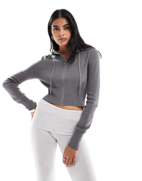 Pacsun sammi ribbed cropped hoodie in grey - view 1