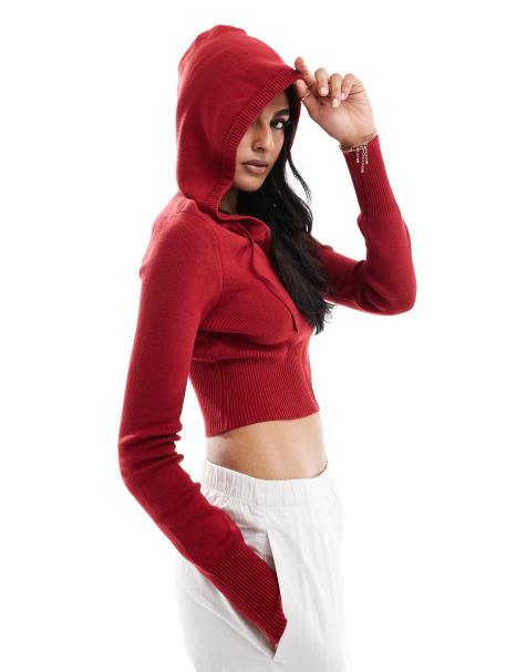 Pacsun sammi ribbed cropped hoodie in red - view 1