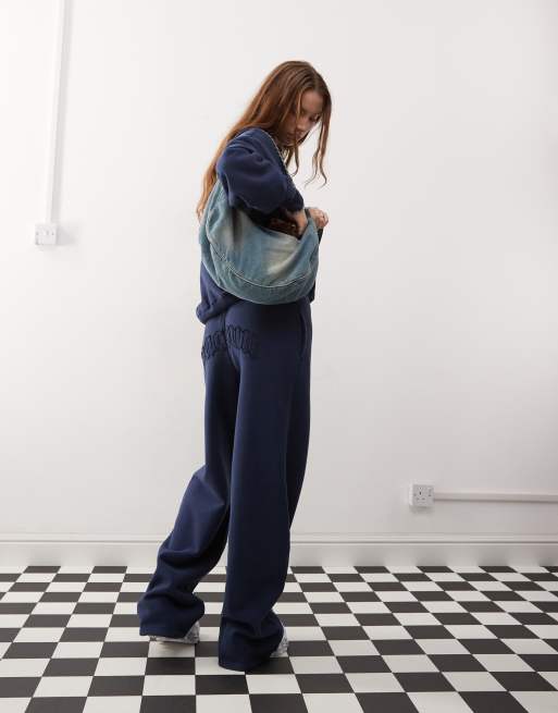 Pacsun slogan wide leg trackies in washed navy (part of a set), 3 of 5