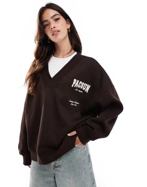 Pacsun v-neck fleecy sweater in coffee bean brown - view 1