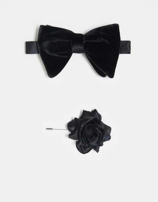 Pajarita negra de terciopelo con alfiler con flor de ASOS DESIGN