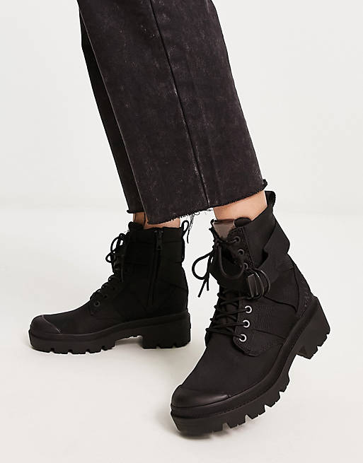 Palladium Pallabase tact heeled boots with strap detail in black