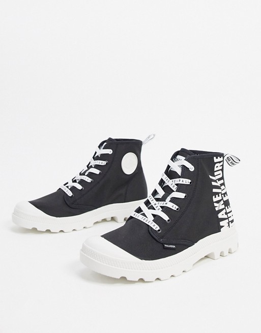 Palladium pampa hi future boots with writing detail in black