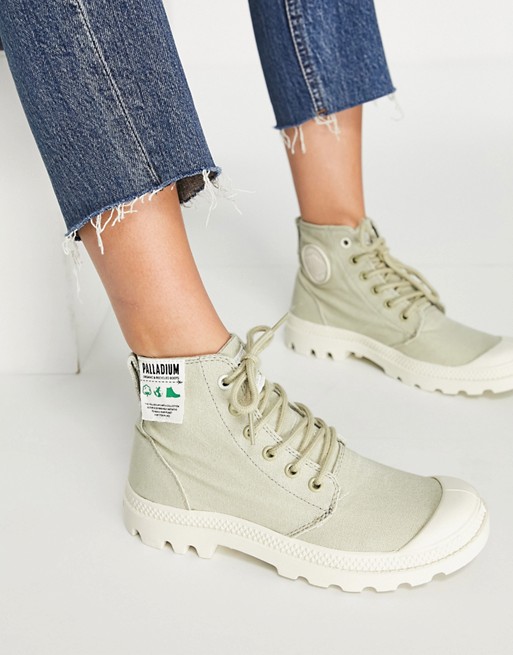 Palladium Pampa Hi organic cotton lace up ankle boots in sage green