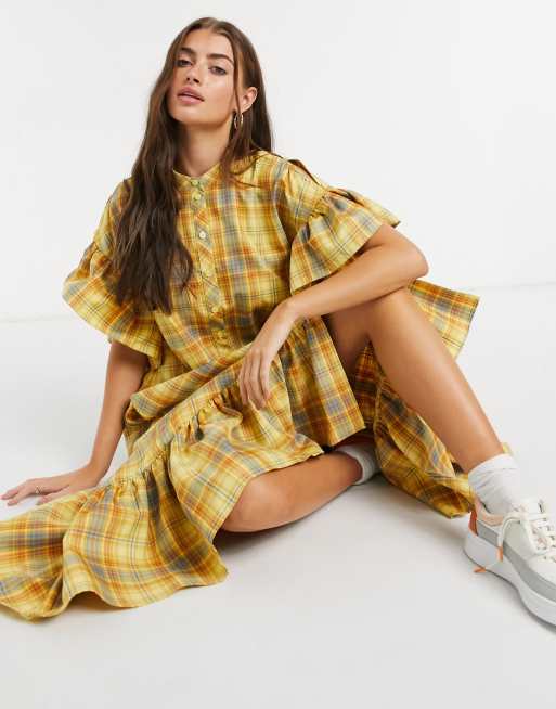 Palones - Kimi - Robe babydoll mi-longue à carreaux et à volants - Jaune