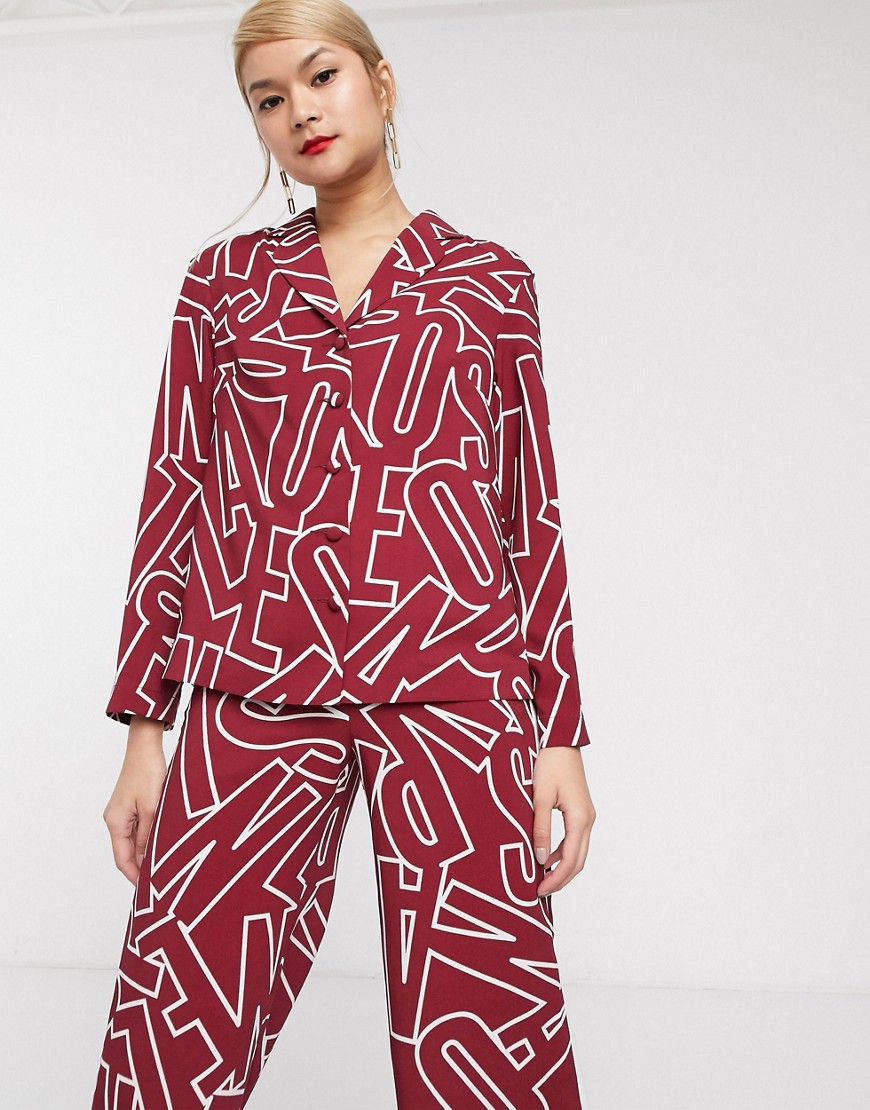 Palones – Signature – Vinröd och gräddvit pyjamasskjorta i satin, del av set-Flerfärgad