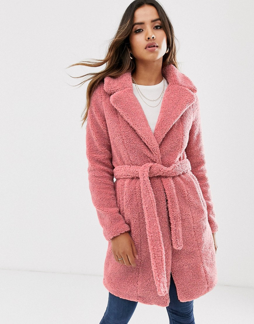 фото Пальто из искусственного меха с поясом vero moda-розовый