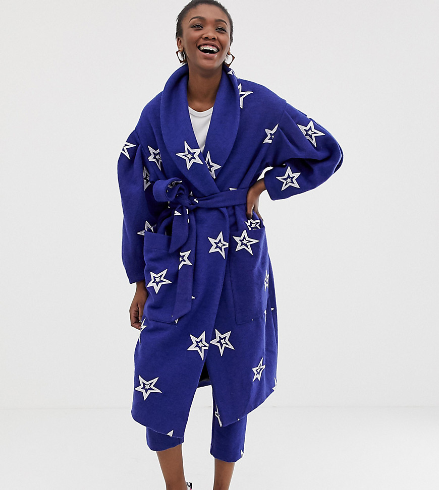 фото Пальто из материала с добавлением шерсти и вышивкой в виде звезд asos made in kenya-синий